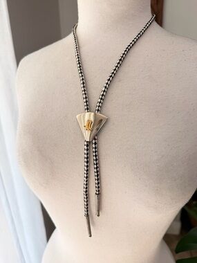 Vintage Bolo Tie Cowboy Boot Slide Black White Braided Cord Western Tie